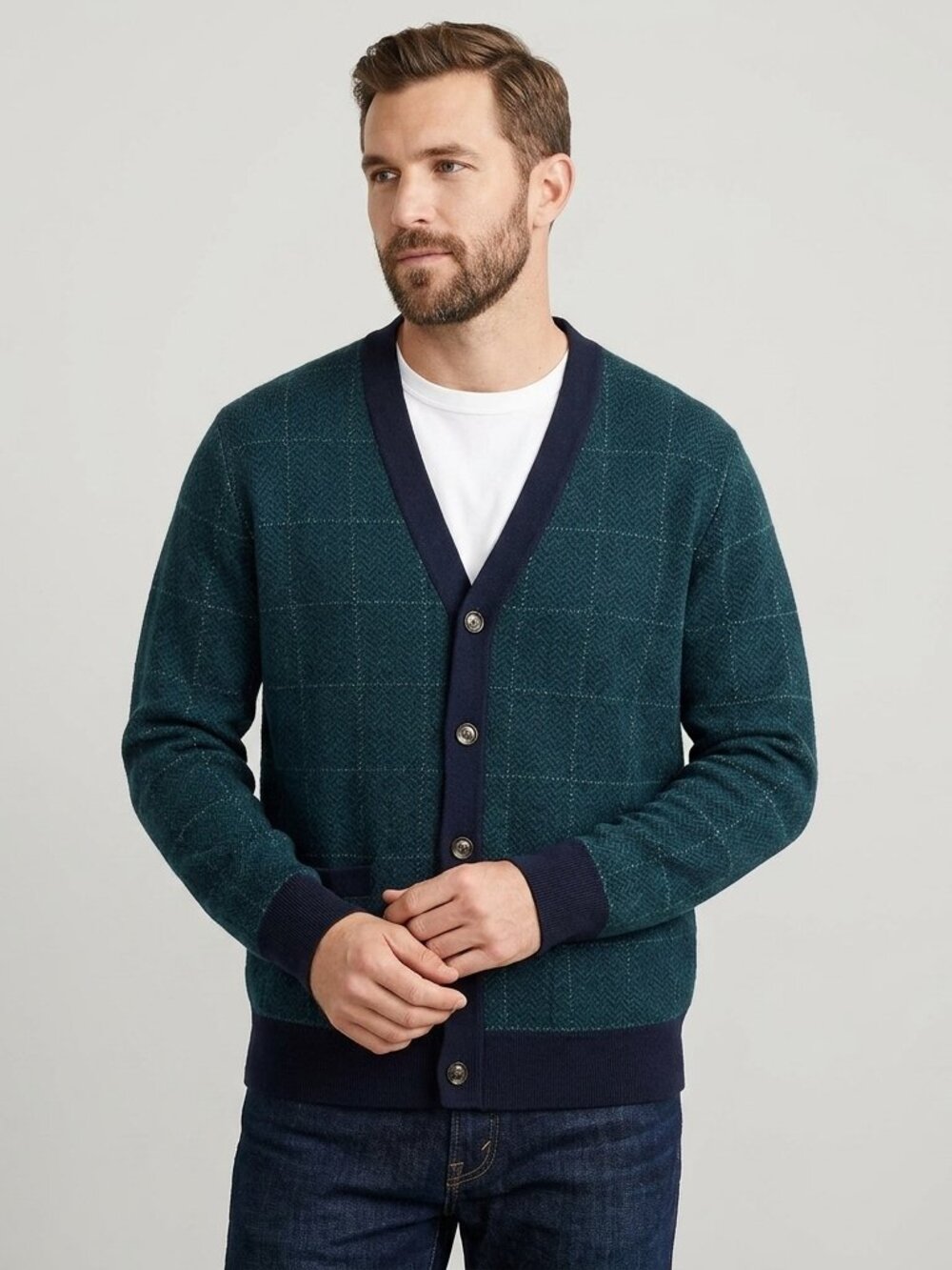 J Crew Wool Blend Herringbone Windowpane Green V-neck Cardigan Sweater XL NWT